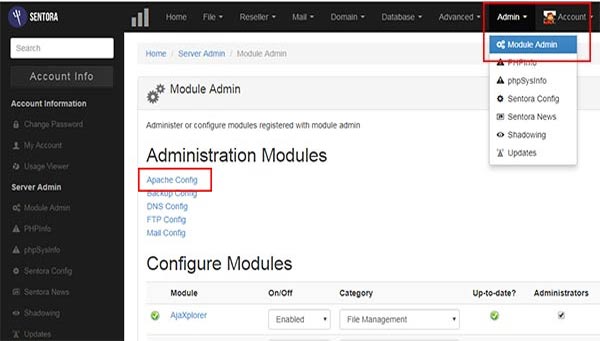 Module Admin VPS sentora