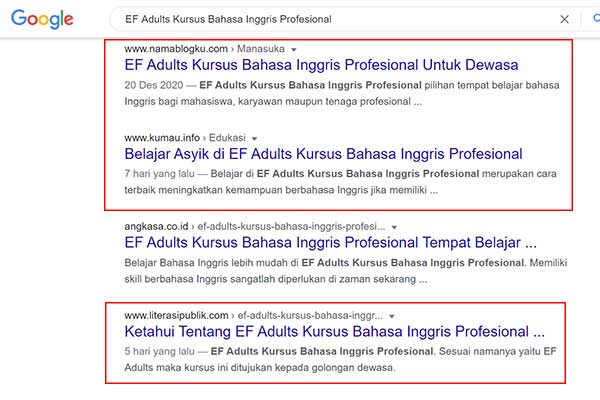 Artikel EF Adults Muncul di SERP