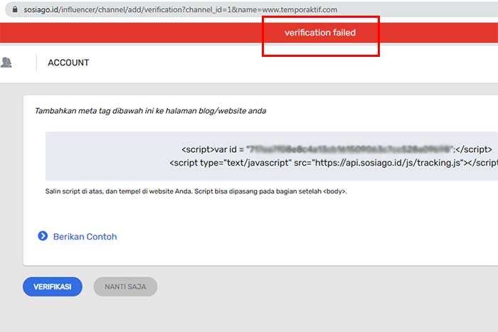 Verification Failed di Sosiago