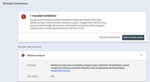 Masalah yang Terdeteksi: Halaman penipuan